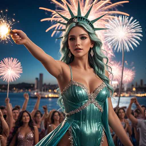 UHD, 8K, ultra detailed, a cinematic photograph of A satirical representation of Lady Liberty as a pop star, dressed in flashy clothing, with microphone in hand and surrounded by fans. The harbor and boats are visible behind her with a sparkler in the sky., beautiful lighting, great composition-ugly, deformed, noisy, blurry, NSFWSteps: 8, Sampler: DPM++ SDE Karras, Guidance Scale: 1.8, Seed: 1381655713, Size: 1024x1024, Model: mexxl_lcm_yy_f16.ckpt, Strength: 1.0, Seed Mode: Scale Alike, Upscaler: realesrgan_x2plus_f16.ckpt, Target Size: 1024x1024, Crop: (0, 0), Original Size: 1024x1024, Negative Original Size: 512x512, Aesthetic Score: 6.0, Negative Aesthetic Score: 2.5, Zero Negative Prompt: false