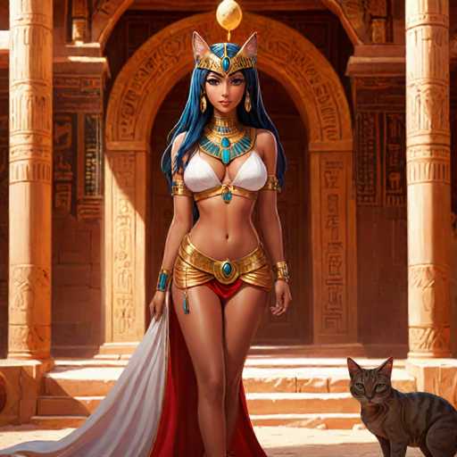 The image depicts an Egyptian goddess standing on a stone platform with her arms crossed and wearing a blue headdress adorned with gold jewels. A cat is sitting nearby, facing away from the viewer. The background features a large archway leading to another room within the temple complex.