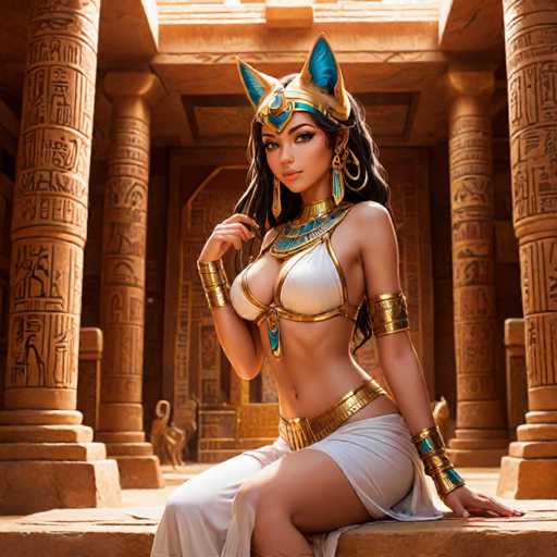 The image depicts a woman dressed in an Egyptian-style outfit, including a white dress and gold jewelry, seated on a stone platform with her hands resting on her lap. The background features columns and hieroglyphics, suggesting the setting is likely within an ancient Egyptian temple or tomb.