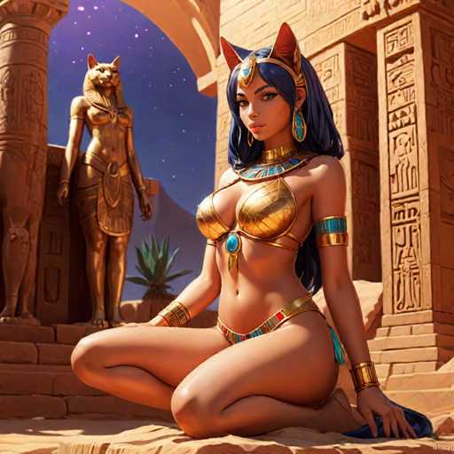 The image depicts two Egyptian goddess statues seated on a stone platform with their legs crossed and arms resting on their knees. The goddesses are adorned in gold and blue robes, each wearing a headdress that includes a cat's head. A potted plant is situated next to the statues, adding a touch of nature to the scene.