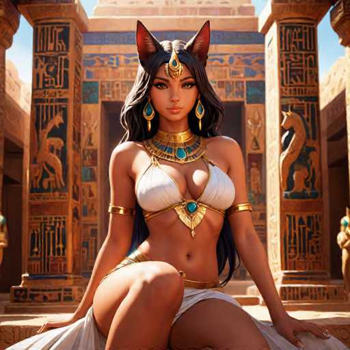 The image depicts a woman wearing a white strapless dress and gold jewelry, including earrings and a headband with a cat's face design. She is seated on the ground in front of a temple entrance adorned with intricate carvings and statues. The background features columns and other architectural elements characteristic of ancient Egyptian architecture.