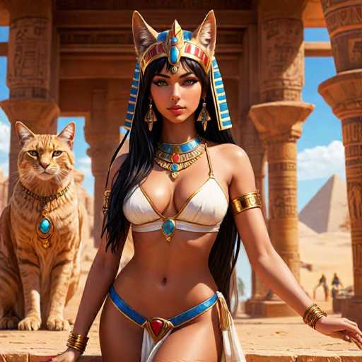 The image depicts a woman wearing a white strapless dress and gold jewelry standing next to two cats. The woman is positioned on the left side of the frame with her arms resting at her sides. On the right side, there are two cats - one orange-colored cat and another brown cat. The background features ancient Egyptian ruins in the form of columns and a pyramid, suggesting that this scene takes place in Egypt or a similar historical location.