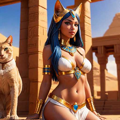 A woman dressed as Cleopatra is seated on a rock with her arms crossed and legs apart, wearing a gold headdress and earrings. A cat is standing next to the woman in front of a temple.