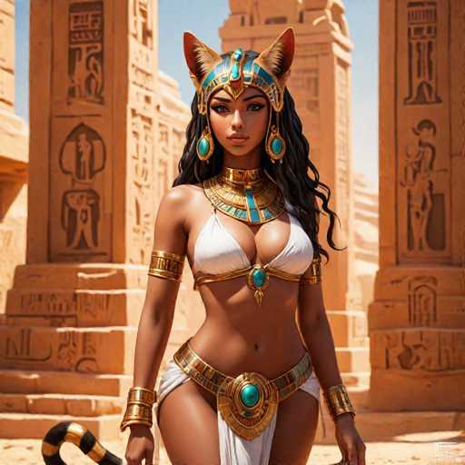 The image depicts a woman dressed in an Egyptian-style outfit and headdress, standing in front of ancient ruins with her arms crossed over her chest. The woman is wearing a gold and blue dress that complements the golden statues surrounding her.