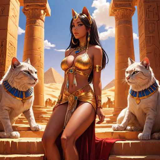 The image depicts a woman wearing a gold and red dress with a headdress on her head, standing on a set of stairs next to two white cats. The background features the iconic Egyptian pyramids in the distance.