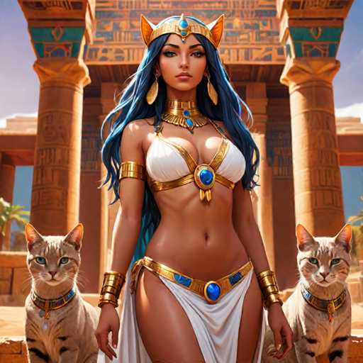 The image depicts a woman wearing a white dress and gold jewelry standing in front of an ancient Egyptian temple with columns and a blue sky backdrop. The woman is positioned on the left side of the frame, while two cats are located on her right side.