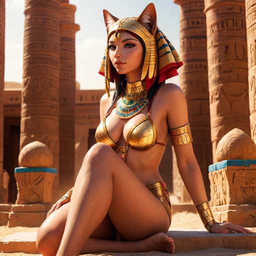 A woman dressed as Cleopatra sits on a rock in front of ancient Egyptian columns and statues. She wears a golden headdress with a large eye studded earring and a gold necklace.