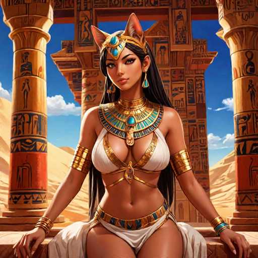 The image depicts a woman wearing a white dress and gold jewelry, seated on a throne with her legs crossed. She is positioned in front of an Egyptian temple, which features columns and hieroglyphics. The sky above the scene is blue with clouds.