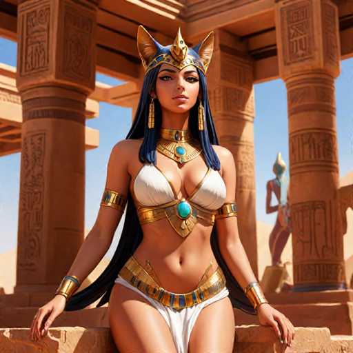 The image depicts an Egyptian goddess with long dark hair and a blue headdress adorned with gold accents. She is seated on a stone platform, wearing a white dress and gold jewelry that includes earrings and bracelets. The background features columns and hieroglyphics, suggesting the scene takes place in an ancient Egyptian temple or tomb.