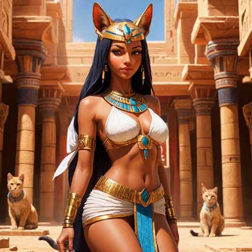 The image depicts an Egyptian goddess with long dark hair and a blue headdress adorned with gold jewels, standing on a sandy platform surrounded by three cats. The background features the majestic architecture of ancient Egypt, including columns and a doorway.