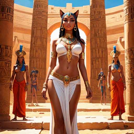 The image depicts an ancient Egyptian woman wearing a white dress and gold jewelry standing in front of a temple with columns. The woman is positioned on the left side of the frame, while three other women can be seen behind her on the right side.