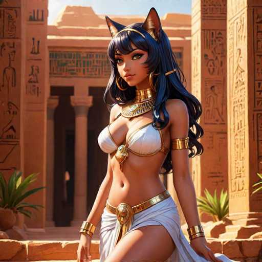 The image depicts an Egyptian goddess with long dark hair and a blue dress adorned with gold accents. She is standing on a stone platform, wearing a gold headdress that features a bird design. The background shows the ruins of an ancient temple or tomb, suggesting the location might be Egypt.