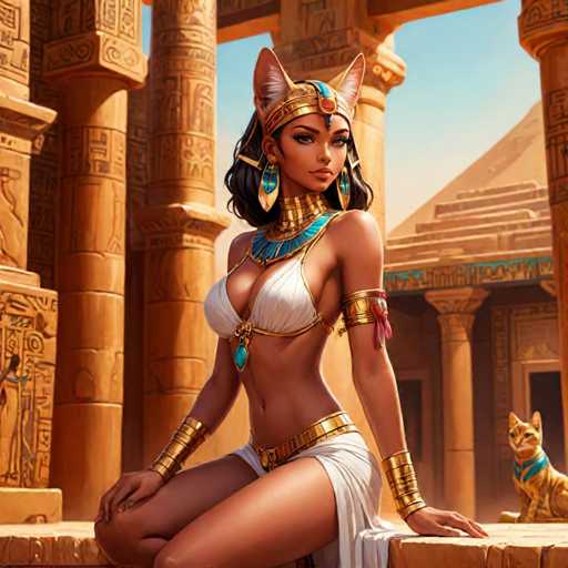 The image depicts an Egyptian goddess seated on a stone platform with her legs crossed and wearing a white dress adorned with gold accents. A cat is also present in the scene, sitting next to the goddess. The background features columns and statues of pharaohs, suggesting that this scene takes place within an ancient Egyptian temple or palace.