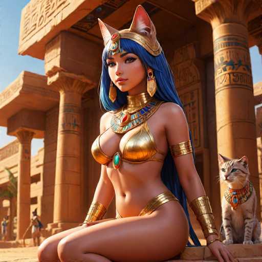 The image depicts an Egyptian goddess statue seated on a stone platform with her legs crossed and wearing a gold headdress and a blue robe adorned with gold accents. A cat is sitting next to the statue. The background features columns and hieroglyphics, suggesting that this scene takes place in an ancient Egyptian temple or palace.