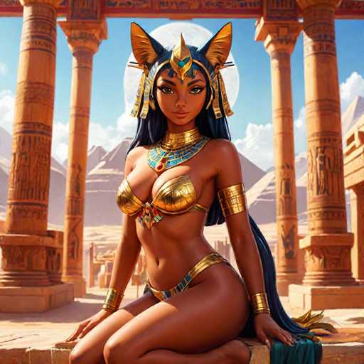 The image depicts an Egyptian goddess with a golden headdress and a blue dress, seated on a stone platform surrounded by columns. The goddess is positioned in front of the Great Pyramid of Giza, which serves as the backdrop for this illustration.