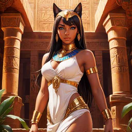 The image depicts an Egyptian goddess with long dark hair and a white dress adorned with gold accents. She is standing in front of a temple entrance, wearing a golden headdress that features a lion's head at the center. The goddess holds a staff in her right hand and a shield in her left hand.