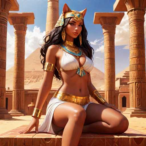 The image depicts a woman dressed in an Egyptian-style outfit and headdress, seated on a stone platform with her legs crossed. The background features the majestic columns of the Great Pyramid of Giza against a clear blue sky.