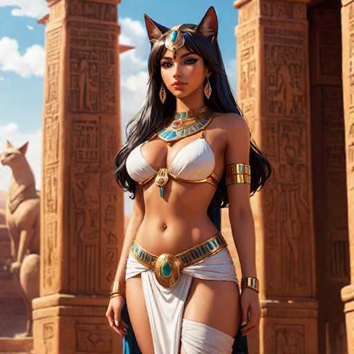 The image depicts a woman dressed in an Egyptian-style outfit, including a white strapless dress and gold jewelry. She is standing in front of two stone columns with intricate carvings on them, suggesting the scene may be set within a temple or other historical monument. The woman's pose and attire give off an air of elegance and regality, which is characteristic of ancient Egyptian culture.