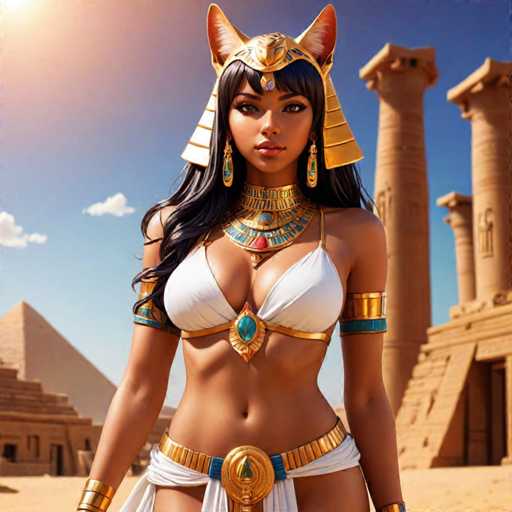 A woman dressed as Cleopatra stands in front of a pyramid and temple complex in Egypt. She is wearing a white strapless dress with gold accents, a gold headdress, and earrings. The image also includes the text "What, Who, Where, When, How" at the bottom.