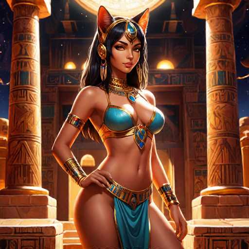 The image depicts a woman wearing a blue and gold dress with a large headdress on her head, standing in front of an ancient Egyptian temple. The woman is positioned centrally within the frame, drawing attention to herself as the main subject. The background features columns and statues that contribute to the historical context of the scene.