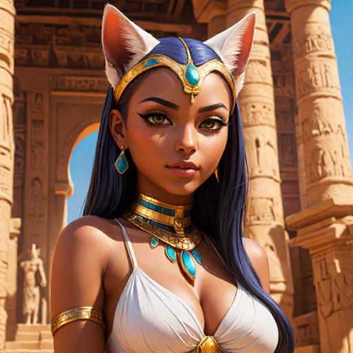 The image depicts a woman with long dark hair wearing a white dress and gold jewelry, including earrings and a headband adorned with blue gemstones. She is standing in front of an ancient Egyptian temple, which features columns and statues on either side. The scene suggests that the woman might be a character from a fantasy or historical fiction story set in Egypt.