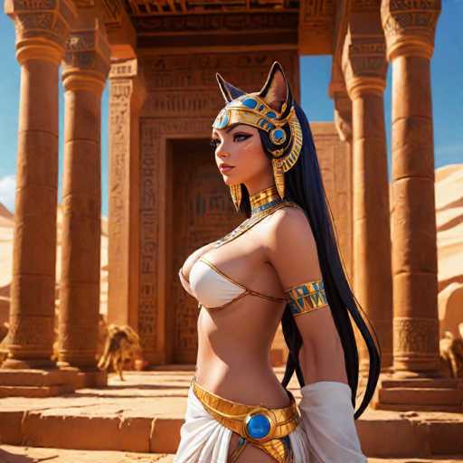 The image depicts a woman dressed in ancient Egyptian attire standing in front of an ornate doorway with columns and a relief sculpture on the wall. The woman is wearing a gold headdress and a white dress adorned with blue accents.