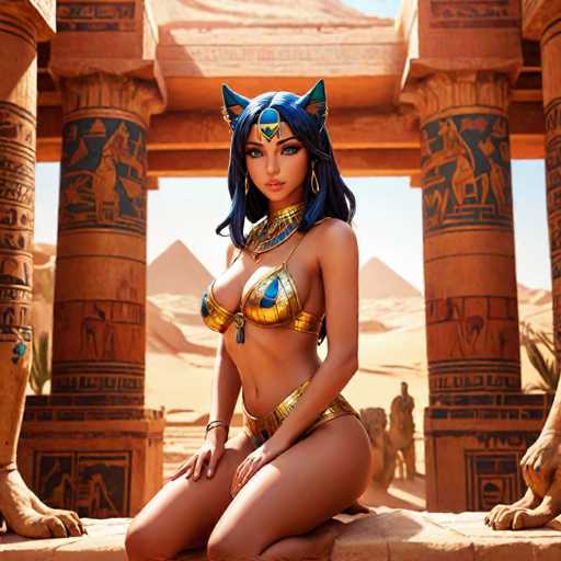 The image depicts a woman wearing a gold bikini and a blue headdress with cat ears, sitting on a stone platform within the walls of an ancient Egyptian temple. The temple is adorned with intricate carvings and columns, showcasing the architectural prowess of the era. In the background, there are statues of pharaohs and other figures, further emphasizing the historical context of the scene.