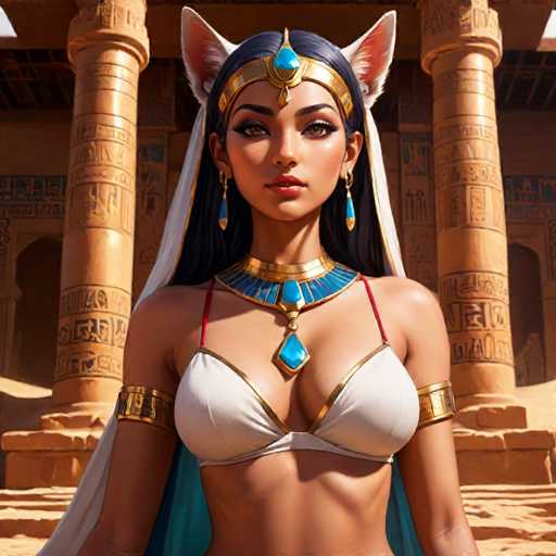 The image depicts a woman with long dark hair wearing a white dress and gold jewelry, including earrings and a headpiece adorned with blue gemstones. She is standing in front of an ancient Egyptian temple, which features columns and hieroglyphics on the walls. The woman's pose suggests she is posing for the photo, possibly as part of a historical reenactment or art project.
The style of the image can be described as a realistic portrait with a focus on the intricate details of the woman's attire and surroundings.