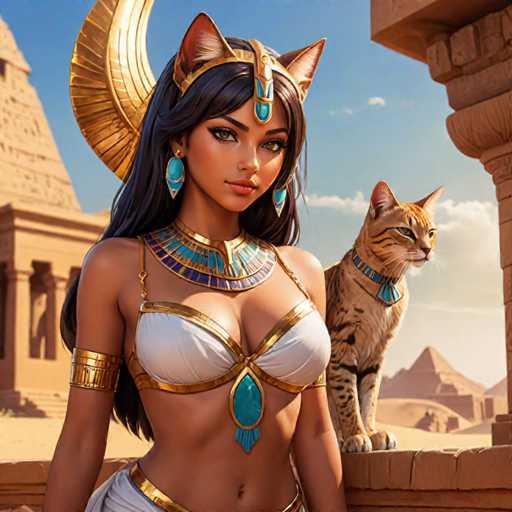 The image depicts two individuals - a woman and her cat - standing on a stone wall within an ancient Egyptian setting. The woman is adorned with a gold headdress and a blue necklace, while the cat has a brown coat and blue collar. The background features a temple structure made of sandstone, suggesting that they are in Egypt or a similar historical location.