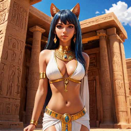 A woman with blue hair and a gold necklace is standing in front of the Great Pyramid of Giza, dressed in a white dress and gold jewelry.