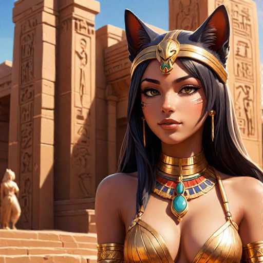 The image depicts a woman wearing a gold headdress and a golden necklace with blue and red gemstones. She is standing in front of an ancient Egyptian temple, which has columns and statues on either side. The background features the sky and clouds, suggesting that the scene takes place outdoors during daylight hours.