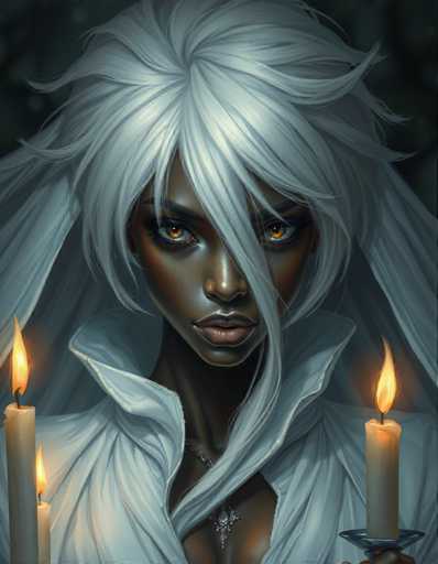 The image shows an illustration of a woman with long white hair and dark skin wearing a white dress. She is holding two candles that are lit on either side of her face, casting a warm glow around her. The background is dark and out of focus, drawing attention to the woman and her candles.