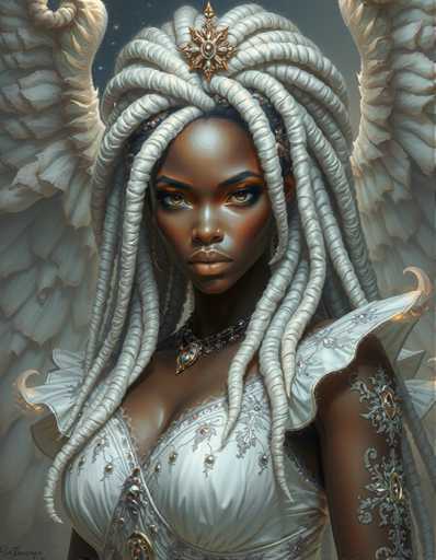 The image depicts a woman with long white dreadlocks and an angelic headdress on her head. She is wearing a white dress adorned with gold accents that includes a large star at the top of her headpiece. The background features a dark gray color, providing a stark contrast to the woman's ethereal appearance.