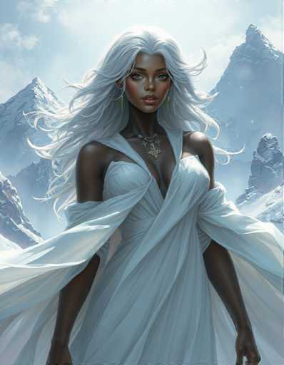 The image depicts a woman with long white hair and dark skin standing against the backdrop of snow-capped mountains under a clear blue sky. She is wearing a white dress that flows down to her feet, adding an ethereal quality to the scene. The woman's gaze is directed towards the camera, creating a sense of connection between the viewer and the subject.