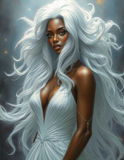 The image depicts a woman with long white hair wearing a white dress and standing against a dark background. The woman's gaze is directed towards the camera, creating an engaging visual narrative.