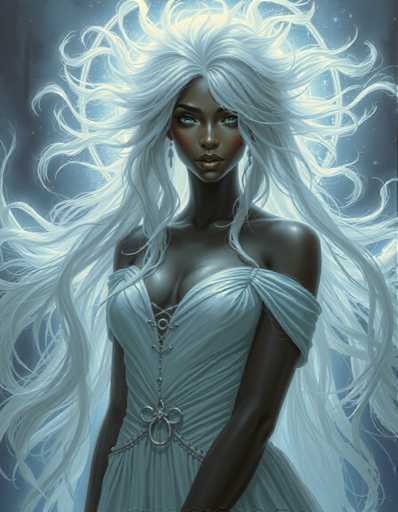 The image depicts a woman with long white hair and blue eyes wearing a white dress adorned with silver chains. The background is dark blue, creating a stark contrast that highlights the woman's features.