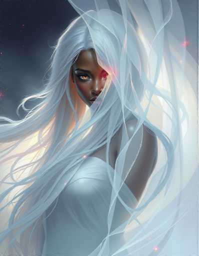 The image shows a woman with long white hair and red eyes wearing a white dress. The background is dark blue, creating a stark contrast that makes the woman stand out.