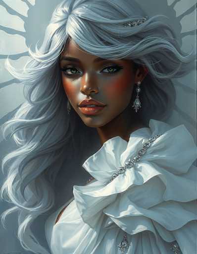 The image shows a close-up portrait of a woman with long blonde hair and striking green eyes. She is wearing a white dress that features a ruffled collar and a large bow at the back. The background is a light blue color, providing a contrast to the white elements in the foreground.