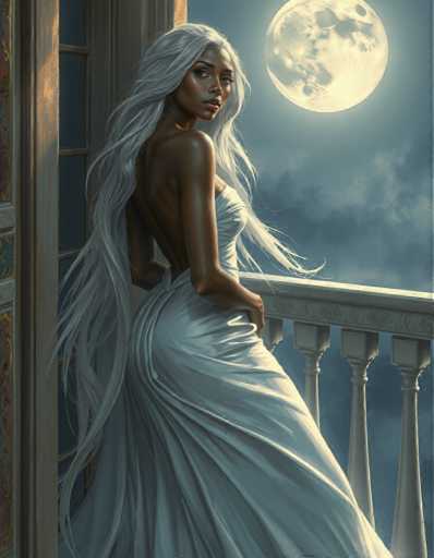 A woman with long blonde hair is standing on a balcony and looking at the moon. She is wearing a white dress that flows down to her knees. The background features a dark blue sky with clouds, creating an atmospheric setting for the scene.