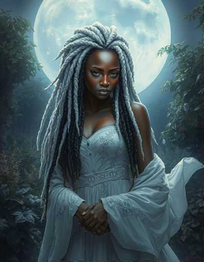 The image depicts a woman with long dreadlocks and a white dress standing against the backdrop of a full moon. The woman is positioned on the left side of the frame, facing towards the right. Her hair is styled in an intricate braided pattern that adds to her regal appearance. She wears a white dress adorned with floral patterns, which complements her hairstyle. The background features lush green trees and bushes, creating a serene and natural setting for this ethereal figure.