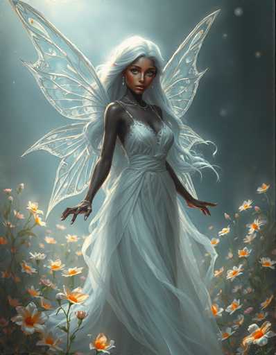 A digital illustration of a fairy with long white hair and wings, dressed in a white dress and holding a flower. The fairy is standing amidst a field of flowers, which include daisies and other types of flowers.