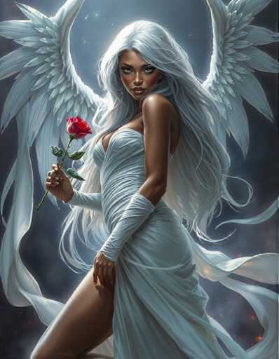 A woman with long blonde hair and wings is holding a red rose in her right hand while wearing a white dress that flows down to the ground. The background features a dark blue color with white stars scattered throughout.