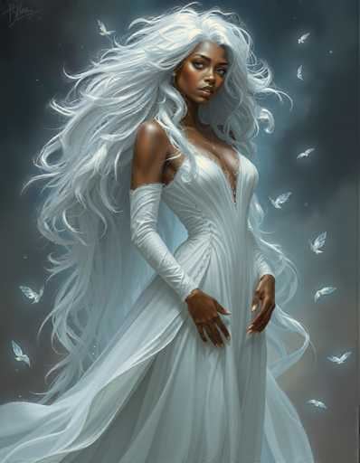 The image depicts a woman with long white hair and blue eyes standing against a dark background. She is wearing a white dress that flows down to her feet, and she holds a butterfly in her hand. The woman's gaze is directed towards the camera, creating an engaging visual narrative.