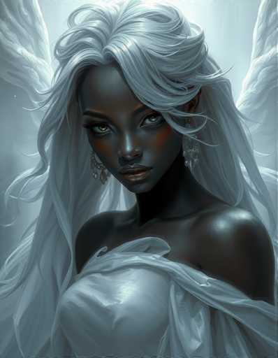 The image shows a close-up portrait of a woman with long blonde hair and dark skin tones. She is wearing a white dress that contrasts with her dark skin. The background is a light blue color, which complements the woman's features. The woman has an angelic appearance, suggesting she might be a fairy or a deity.