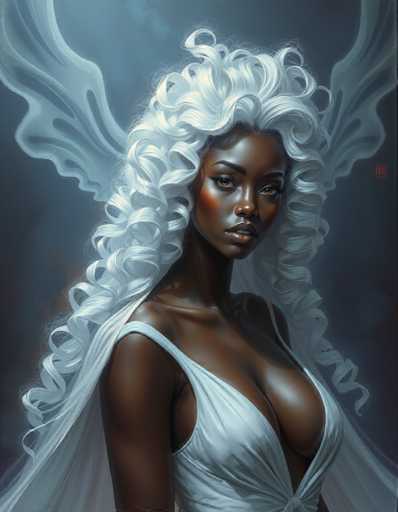 The image depicts a woman with long white hair and dark skin wearing a white dress. She is looking directly at the camera with an expression of concentration or contemplation. The background features a gradient of blue tones that blend into each other to create a sense of depth and dimensionality.