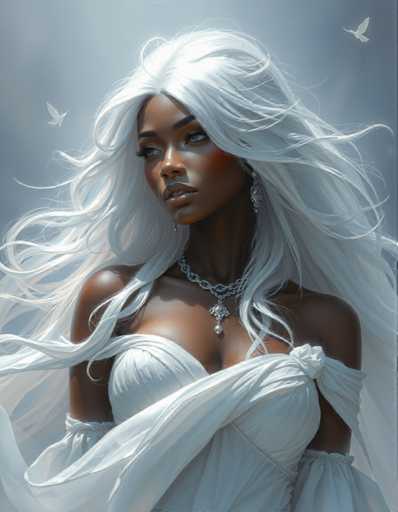 The image depicts a woman with long white hair wearing a white dress and earrings. She is looking off to the side, possibly observing something or someone outside of the frame. The background features a light blue color that contrasts with her white attire, creating a visually striking scene.