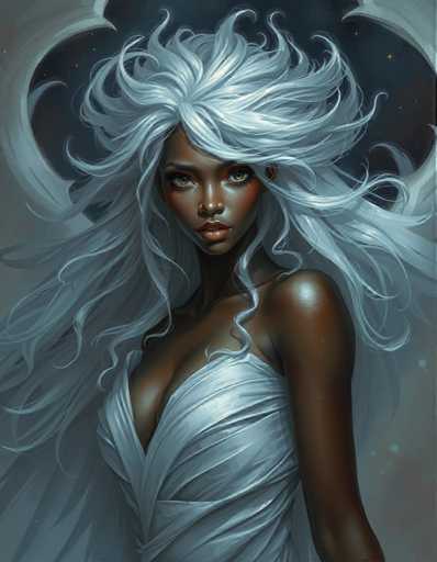 The image depicts a woman with long white hair and dark skin wearing a white dress. The background is a dark blue color that contrasts with the woman's features. The woman appears to be in motion, as her hair is blowing in the wind.