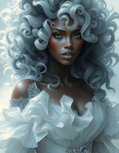 The image shows an illustration of a woman with long, curly hair wearing a white dress and a headpiece. The background is a light blue color that contrasts with the darker tones of her hair and dress.