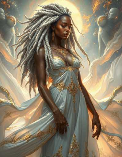 The image depicts a woman with long dreadlocks and a white dress adorned with gold accents standing against a backdrop of stars and planets. The woman is positioned centrally within the frame, drawing attention to her as the main subject.