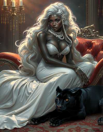 The image depicts a woman with long blonde hair and a white dress sitting on a red couch next to a black panther. The background is dark and features gold accents that add an air of opulence and grandeur to the scene.